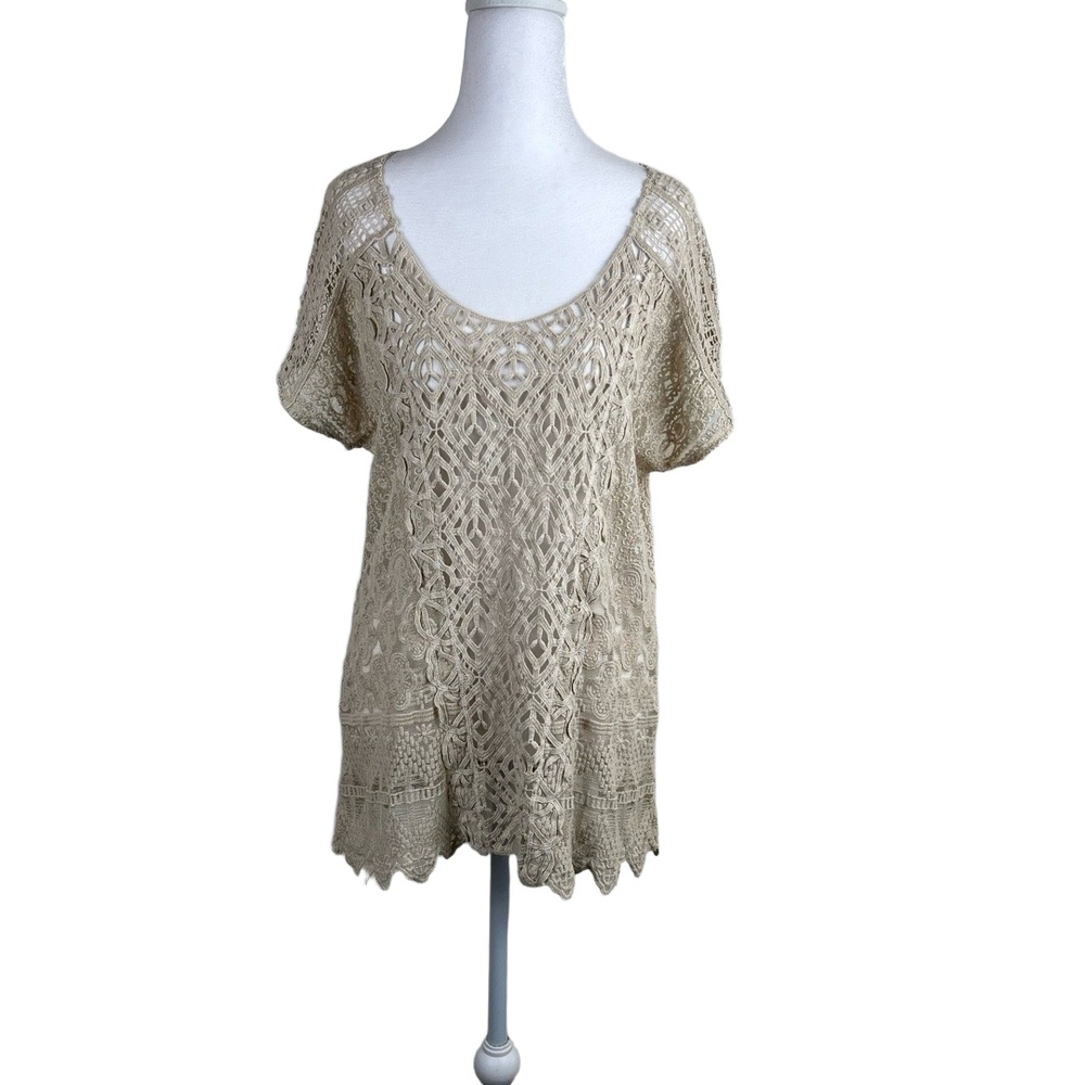 XCVI Crochet Knit Top Medium Cream Bohemian Boho Open Weave Sheer Lightweight